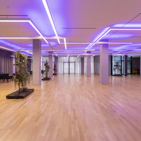 Spacious room with wooden floor and modern purple LED lights